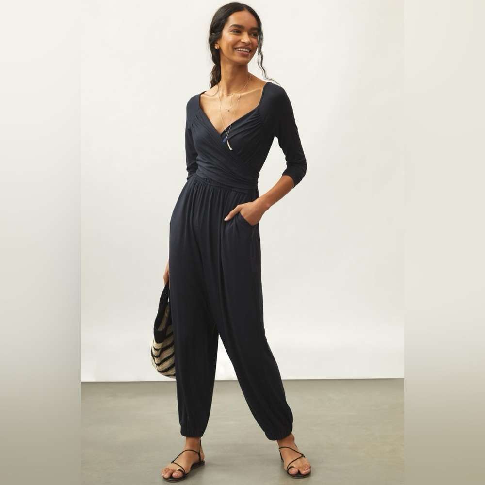 Anthropologie Daily Practice Ruffled Lounge Jumpsuit M Black Stretch Like New